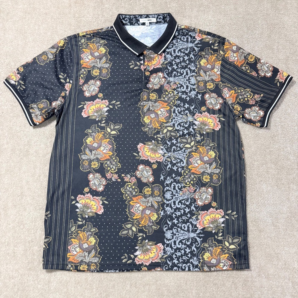 Fashion Nova Men XL Floral Polka Dot Striped Short Sleeve Polo Shirt Black Multi